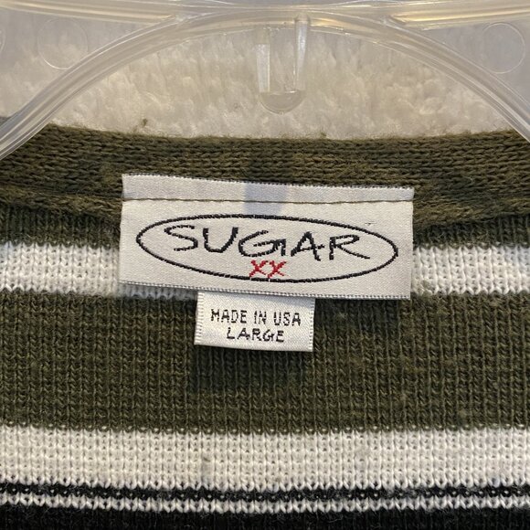 VINTAGE SUGAR -- Sweater, Lightweight, Green and White Striped, 3/4 Sleeves - Picture 15 of 16